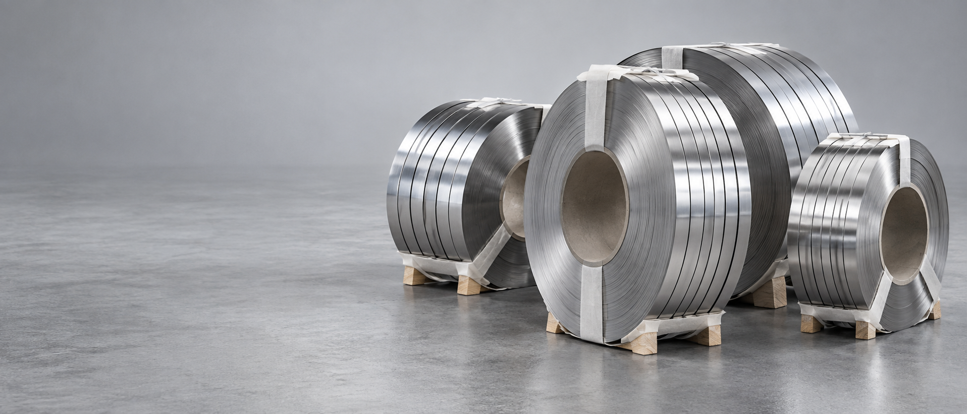 Illustrative image of banded stainless steel strip coils standing on a pale concrete floor