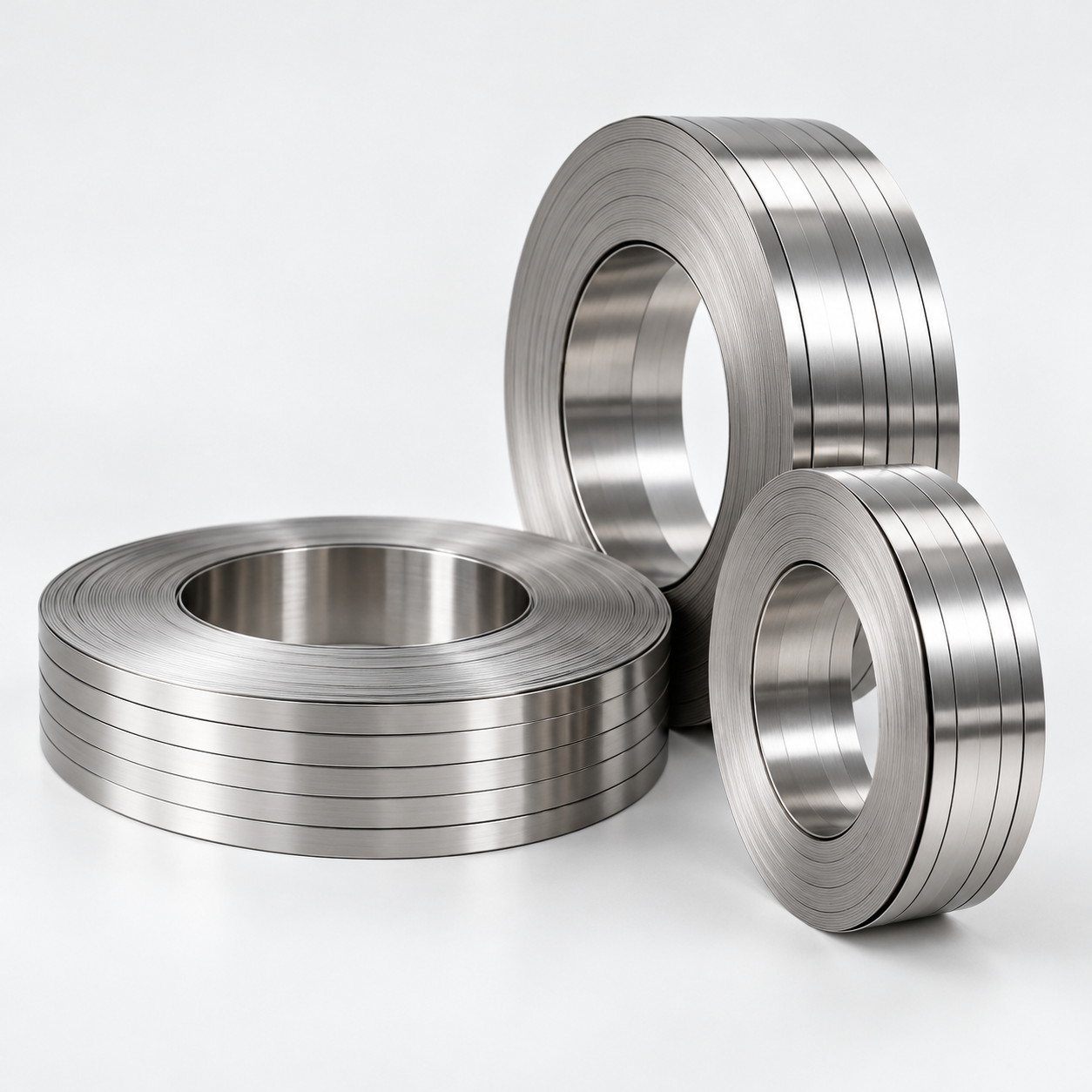 Illustrative image of narrow stainless steel strip coils on a light background